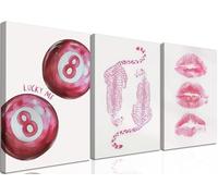 Set of 3 Unframed Pink Preppy Canvas Wall Art Trendy Cheetah Pictures Wall Decor, Funky Lucky 8 Ball Coquette Lip Paintings Prints Girly Aesthetic Home Decor for Living Room Bedroom Dorm 12x16inch