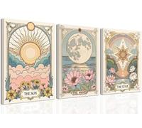 Set of 3 Unframed Sun and Moon Celestial Wall Art Vintage Tarot Astrology Canvas Wall Decor Sun Flower and Full Moon Lotus Posters Prints Picture Painting for Living Room Bedroom 12x16inch