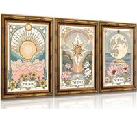 Set of 3 Unframed Sun and Moon Wall Art Vintage Mystical Tarot Astrology Wall Decor Star Celestial Paintings Pictures Bohemian Floral Canvas Posters Prints Artwork for Bedroom Living Room 12x18inch