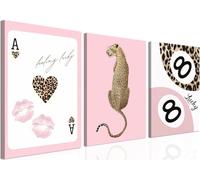 Set of 3 Unframed Trendy Leopard Canvas Wall Art Pink Cheetah Prints Wall Decor Pictures, Funky Lucky You 8 Ball Poster Preppy Aesthetic Paintings, for Girls Bedroom Dorm Apartment 08x12inch