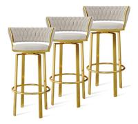 Set of 3 Velvet Woven Bar Stools, 360° Swivel with Backrest, Gold Metal Legs, Modern Kitchen Seating, Stylish Dining Chairs for Home, Restaurant, Pub