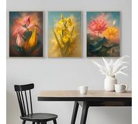 Set of 3 Vibrant Flower Prints with Abstract Backgrounds - A5 A4 A3 Art Posters Wall Art Modern Painting Prints for Home Office or Workspace Interior Decoration (A4 (297x210mm), High-resolution paper)