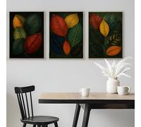 Set of 3 Vibrant Leaves on Dark Background - A5 A4 A3 Art Posters Wall Art Modern Painting Prints for Home Office or Workspace Interior Decoration (A3 (420x297mm), High-resolution paper)