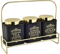 Set of 3 Vintage Canisters Tea, Sugar, Coffee with Gold Colour Stand & Lid -Black