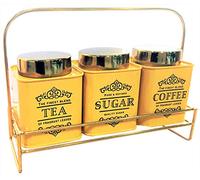 Set of 3 Vintage Canisters Tea, Sugar, Coffee with Gold Colour Stand & Lid - Yellow