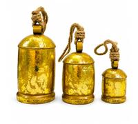 Set of 3 Vintage Harmony Cow Bells - Handmade Rustic Gold Cylindrical Shabby Chic Hanging Metal Bells with Jute Rope for Christmas Tree, Holiday, Home and Garden Decor (8X7X6)