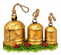Set of 3 Vintage Harmony Cow Bells - Handmade Rustic Gold Shabby Chic Hanging Metal Bells with Thick Jute Rope for Home, Garden and Christmas Decor