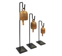 Set of 3 Vintage Harmony Cow Bells with Metal Display Stands - Handmade Rustic Antique Copper Finish Tabletop Bells with Wooden Clapper for Home, Office, Mantel and Christmas Decor