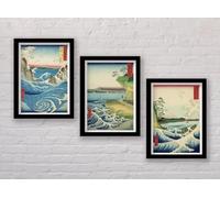 Set of 3 Vintage Japanese Seascape Art Prints by Utagawa Hiroshige - 3x A4 Poster - Triptych rolled in tubes BensArt Triptych set 3 Three Stretched Mounted Multi Panel Wall Art Classic Picture Arts A