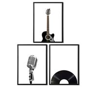 Set of 3 Vintage Music Posters - Black & White Retro Wall Art Featuring Guitar, Microphone, and Vinyl CD - Available in A4 and A3 on Matte Paper, Music/Living Room Wallart (A4 Black Framed)
