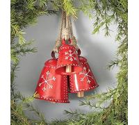 Set of 3 Vintage Red Christmas Harmony Cow Bells with White Snowflake Pattern - Rustic Shabby Chic Hanging Metal Bells with Jute Rope and Wooden Clapper for Holiday, Wreath, Door and Home Garden Decor