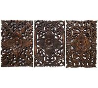 Set of 3. Wall Art Wood Carved Panel Floral Design. Tropical Wall Decor in Size 12"x17.5"x0.5" (Dark Brown)