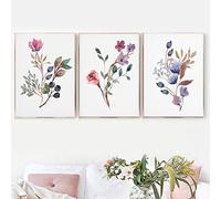 Set of 3 Watercolor Blue Flower Painting Canvas Prints Wildflower Bouquet Floral Plants Posters Wall Pictures For Living Room Decoration-60 * 80cm (Unframed)
