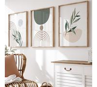 Set of 3 Watercolour Botanical Wall Art Prints, Boho Green Leaf Arch Geometric Decor, Neutral Sage Beige Abstract Nature Poster, Gallery Wall