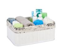 Set of 3 White Bamboo Storage Baskets Patterned Fabric Organiser Box Shelves