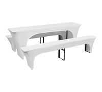 Set of 3 White Elastic Stretch Fabric Covers for Beer Table 220 x 70 x 80 cm and Benches Washable Non-Slip Protective Ideal for Wedding, Party, Dining Room, Living Room