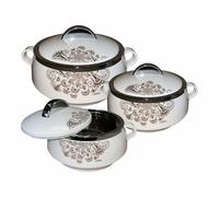 (Set of 3) White Floral Casserole Dishes with Lockable Lid & Handle - Round Stainless Steel Insulated Thermal Food Warmer for Serving Soups/Salads- Perfect for Parties (1L, 1.5L, 2Litre)