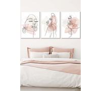 Set of 3 White Framed One Line Abstract Fashion Faces in Pink and Ivory Wall Art ARTZE Light Pink W53cm x H73cm x D20mm