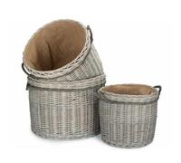 Set of 3 Wicker Grey Wash Round Hessian Lined Log Basket