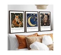 Set of 3 William Morris Art Print, Fox Print, Moon and Stars Picture, William Morris Exhibition Poster, Elegant Home Decor, Ready To Hang Picture, Framed Wall Art (A3 - Set of 3 FRAMED (Black))