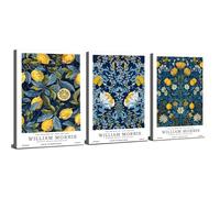 Set of 3 William Morris Canvas Prints Wall Art for Living Room Lemon Botanical Floral Prints Pictures William Morris Poster Navy Blue Vintage Wall Decor for Kitchen Bedroom Hallway Decoration 30x40cm