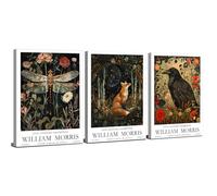 Set of 3 William Morris Wall Art Vintage Animal Wall Decor Retro Crow Fox Dragonfly Canvas Pictures Nature Flower Paintings for Living Room Modern Artwork for Bedroom Bathroom Decoration 30x40cm