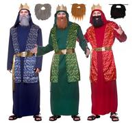 Set of 3 Wise Men Costumes (Red/Green/Blue) + Beards : Adult Mens Christmas Nativity Play Fancy Dress