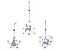 Set of 3 Wooden Christmas Hanging Ornaments in White with Five-Pointed Star, Tree, and Deer Designs, Three-Dimensional Carved Detail, Smooth Finish, with Pre-Drilled Holes and Hemp Rope