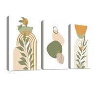 Set of 3 Wooden Framed Boho Mid-Century Canvas Wall Art Abstract Orange Green Leaves Painting on Canvas Prints Minimalist Geometric Sun Moon Pictures for Living Room Bedroom Wall Decor 40x60cm x3pcs