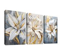 Set of 3 Wooden Framed Canvas Wall Art Grey White Lilies Flowers Painting on Canvas Prints Golden Stamens Beige Floral Pictures for Living Room Bedroom Hallway Home Wall Decoration 40x60cm x 3pcs