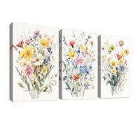 Set of 3 Wooden Framed Canvas Wall Art Watercolour Colourful Bouquet Flowers Painting on Canvas Prints Yellow White Wildflowers Daisies Pictures for Living Room Bedroom Wall Decor 30x40cm x 3pcs