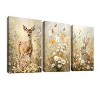 Set of 3 Wooden Framed Easter Bunny Canvas Wall Art Nursery Rabbits Sika Deer Painting on Canvas Prints Rustic Wildflowers Field Pictures for Living Room Bedroom Hallway Wall Decor 40x60cm x3pcs