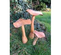 Wooden Mushroom Carving - Set of 3 Flat-Top Toadstools - Approx. 20/25/35cm - Handmade Outdoor Garden Accessories Made From Sustainable Wood - Unique Fairy Garden Feature