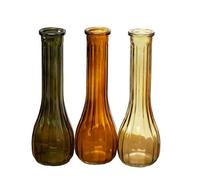 Set Of 3 Woodland Ribbed Glass Vases Green Brown Amber Tall Flower Bud Stem Deco