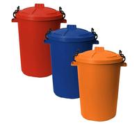 Set of 3 x 50L Heavy Duty Clip Lock Lid Bins - Colourful Plastic Dustbins for Rubbish, Recycling, Storage or Animal Feed - Outdoor/Indoor Use - Garden, Garage, Home, Workshop (Rainbow Fun Set)