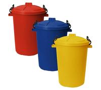 Set of 3 x 50L Heavy Duty Clip Lock Lid Bins - Colourful Plastic Dustbins for Rubbish, Recycling, Storage or Animal Feed - Outdoor/Indoor Use - Garden, Garage, Home, Workshop (Fundamental Colours)