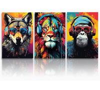 Set Of 3pcs Monkey With Headphones Graffiti Canvas Art,Colorful Lion Wall Art,Wolf With Headphones Graffiti Painting,Graffiti Pop Art Wall Art for Teen Boys Bedroom Gorilla Art Wall Decor 30x40cm