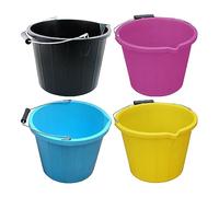 Set of 4-14L Litre Plastic Builders Bucket 3 Gallon Water Mixing Storage Strong with Measuring Guide Bucket With Handle And Spout - Made in UK (Black, Blue, Yellow, Pink)