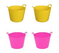 Set of 4-26L, 40L Litre Small, Large Flexi Tub Garden Home Flexible Colour Plastic Storage Container Bucket Flex Tub- MADE IN U.K (40L Litre, Yellow & Pink)