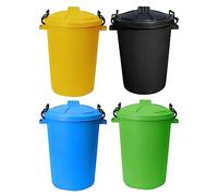 Set of 4- 50 Litre Plastic Bin With Clip Lock Lid & Carry Handles Rubbish Dustbin Recycle Waste Bin Trash Can For Animal Feed Garden Farm Home Office (YELLOW, BLACK, SKY BLUE & LIME GREEN)
