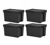 (Set of 4) 62L Litre Black Bam Recycled Heavy Duty Plastic Storage Box with Secure Lid Stackable and Nestable Storage Containers Organizing Basket Great For Home & Office Storage Solution