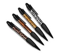 Set of 4 Animal Print Black Ballpoint Pens - Giraffe Zebra Tiger Wild Safari Friends Boys Girls Men Women Theme Pen #79343