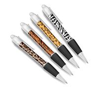 Set of 4 Animal Print White Ballpoint Pens - Giraffe Zebra Tiger Wild Safari Friends Boys Girls Men Women Theme Pen #79343