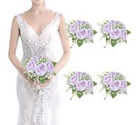 Set of 4 Artificial Bridesmaid Bouquets Lilac and White -7 Inch Silk Rose Baby's Breath Faux Bouquets for Bridesmaid Holding Flowers,Bridal Shower, Wedding Centerpiece Ceremony and Anniversary