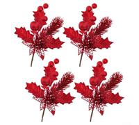 Set Of 4 Artificial Christmas Tree Branch Picks With Hollowed Fruit Spike Design, Glitter Finish For Festive Decoration Of Trees, Wreaths And Holiday Centerpieces, Plastic Twigs(Red)