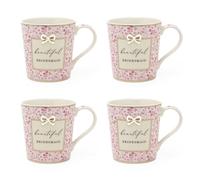 Set of 4 Beautiful Bridesmaid Mugs | Boxed Ceramic Heart Wedding Favour Gift Mugs | Fine China Floral Mugs with Gold Bow and Black Wording