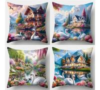 Set of 4 Beautiful Scenery Decorative Throw Pillow Covers 50x50 cm Villa River Swans Velvet Cushion Covers Double-Sided Square Sofa Pillowcase for Outdoor Furniture Garden Living Room