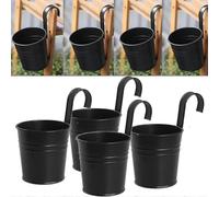 Set of 4 black iron hanging flower pots with removable hook for indoor or outdoor use. Excellent
