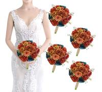 Set of 4 Bridesmaids Bouquets for Wedding - 7 inch Artificial Bridesmaid Bouquets Pre-made Silk Rose Small Floral Bouquet for Vintage Fall Wedding Bridal Shower Marriage Proposal Party Ceremony