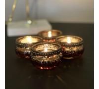 Set of 4 Bronze Ribbed Metal Rim Vintage Glass Tealight Candle Holders Wedding Table Decoration